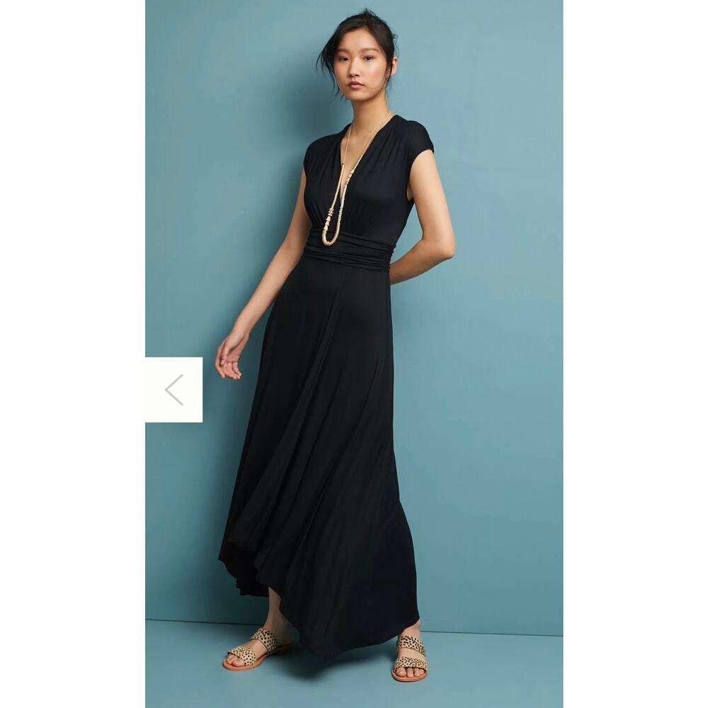 Maeve Anthropologie Black Maxi Dress Ruched Waist Stretch M Jersey Bristol